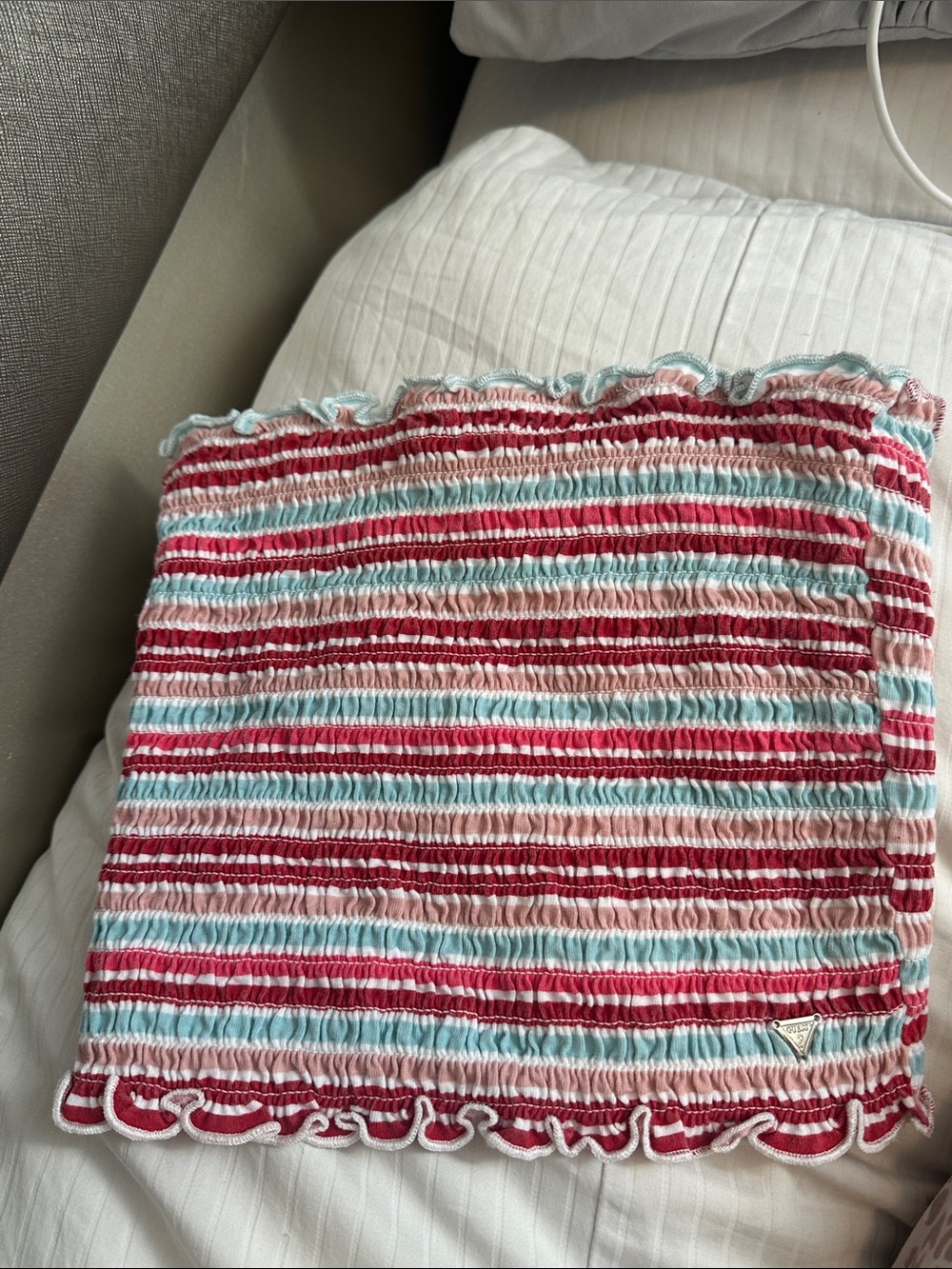 Guess Girls Striped Ruffle Tube Top in Red, White & Light Blue